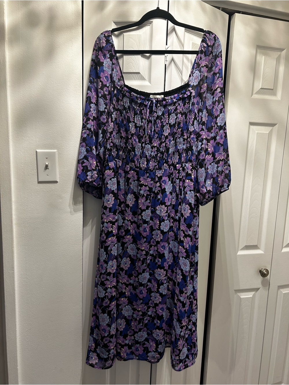 Addition Elle Purple Floral Smocked Square-Neck Midi Dress - Picture 2 of 4